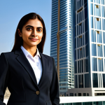 "A professional businesswoman in a modest, dark-colored business suit, standing confidently in front of a modern skyscraper in Dubai, fully clothed, appropriate attire, safe for work, perfect anatomy, natural proportions, professional photography, high quality, family-friendly."