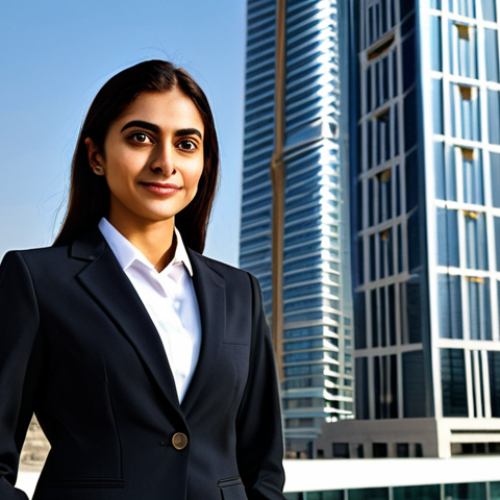 Home 9 "A professional businesswoman in a modest, dark-colored business suit, standing confidently in front of a modern skyscraper in Dubai, fully clothed, appropriate attire, safe for work, perfect anatomy, natural proportions, professional photography, high quality, family-friendly."