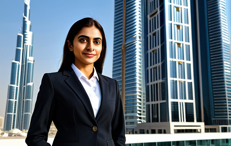 "A professional businesswoman in a modest, dark-colored business suit, standing confidently in front of a modern skyscraper in Dubai, fully clothed, appropriate attire, safe for work, perfect anatomy, natural proportions, professional photography, high quality, family-friendly."