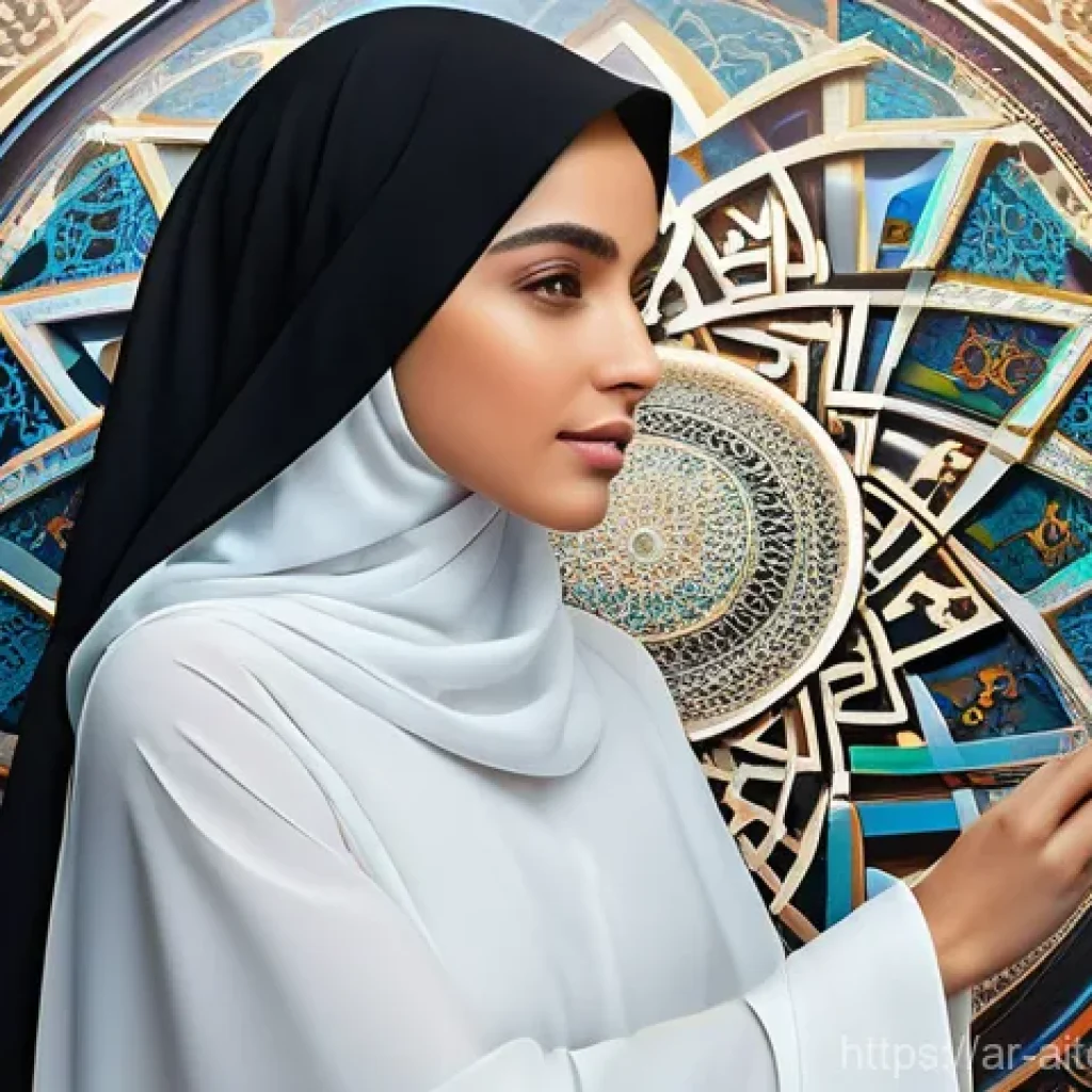 생성형 AI로 음악과 미술의 조화 - **A Vision of Digital Arabic Artistry:** A vibrant, highly detailed image featuring a young Arab fem...