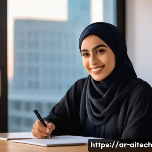 Home 32 AI와 인간의 창의성 조화 - **Prompt:** A serene and focused Arab content creator, a woman in her late 20s or early 30s, is seat...