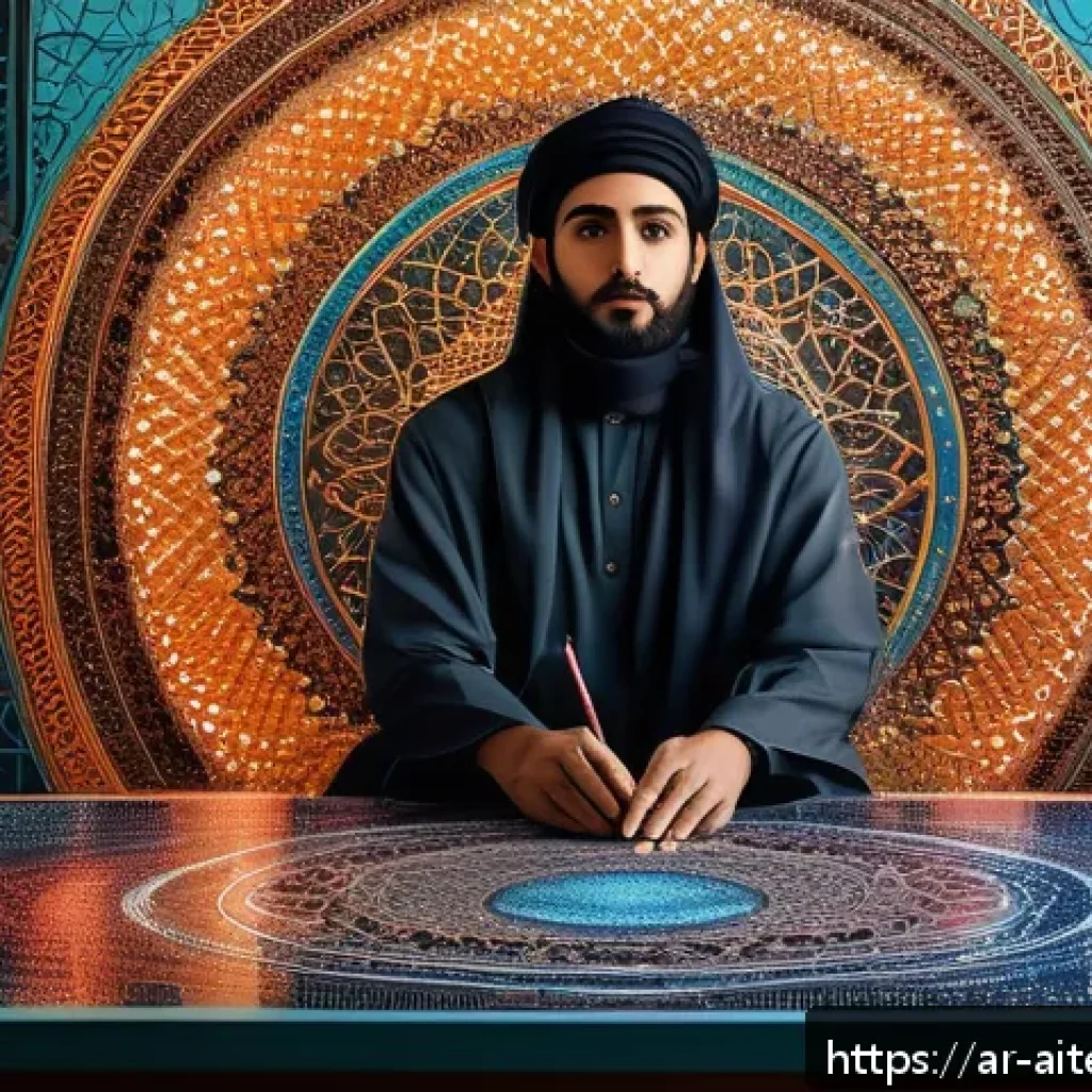 AI 예술 작품의 평가 기준 - A digital artwork illustrating the collaboration between a Middle Eastern artist and AI technology, ...