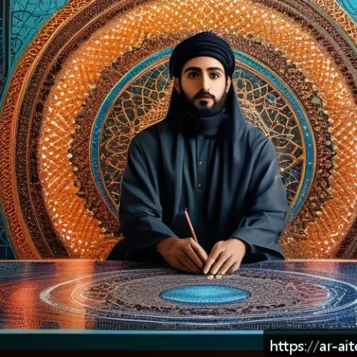 Home 31 AI 예술 작품의 평가 기준 - A digital artwork illustrating the collaboration between a Middle Eastern artist and AI technology, ...