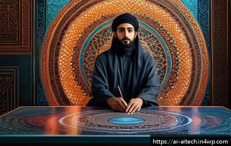 AI 예술 작품의 평가 기준 - A digital artwork illustrating the collaboration between a Middle Eastern artist and AI technology, ...