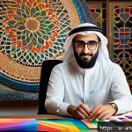 Home 18 AI 도구로 예술적 문제 해결하기 - A digital artist’s modern workspace in a cozy room decorated with Middle Eastern art motifs, featuri...