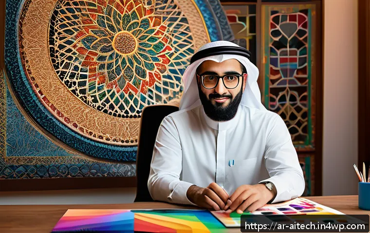 AI 도구로 예술적 문제 해결하기 - A digital artist&rsquo;s modern workspace in a cozy room decorated with Middle Eastern art motifs, featuri...
