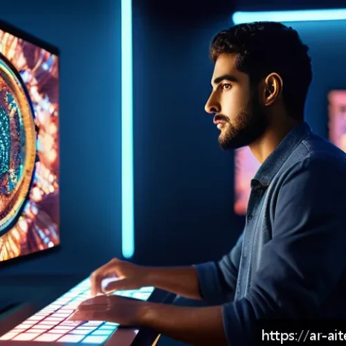 Home 17 AI 기반 아트워크의 창의적 접근 - A futuristic digital art studio scene featuring an Arab male artist in modern smart casual clothing,...