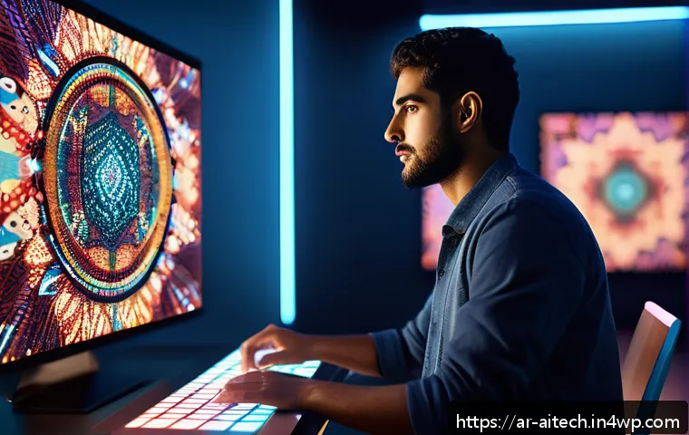 AI 기반 아트워크의 창의적 접근 - A futuristic digital art studio scene featuring an Arab male artist in modern smart casual clothing,...
