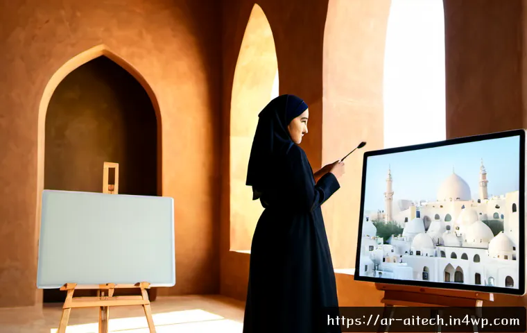 Home 17 미래의 예술 생성형 AI와 인간의 역할 - Photorealistic contemporary art studio in a modern Gulf city, Arab female artist in elegant modest c...