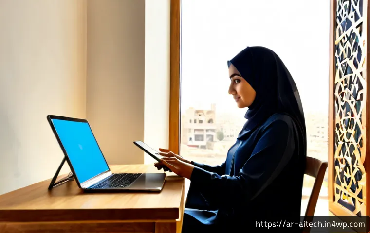 생성형 AI 도구 추천 및 사용법 - Photorealistic modern home office in an Arab city, a middle-aged Arab woman in modest elegant attire...
